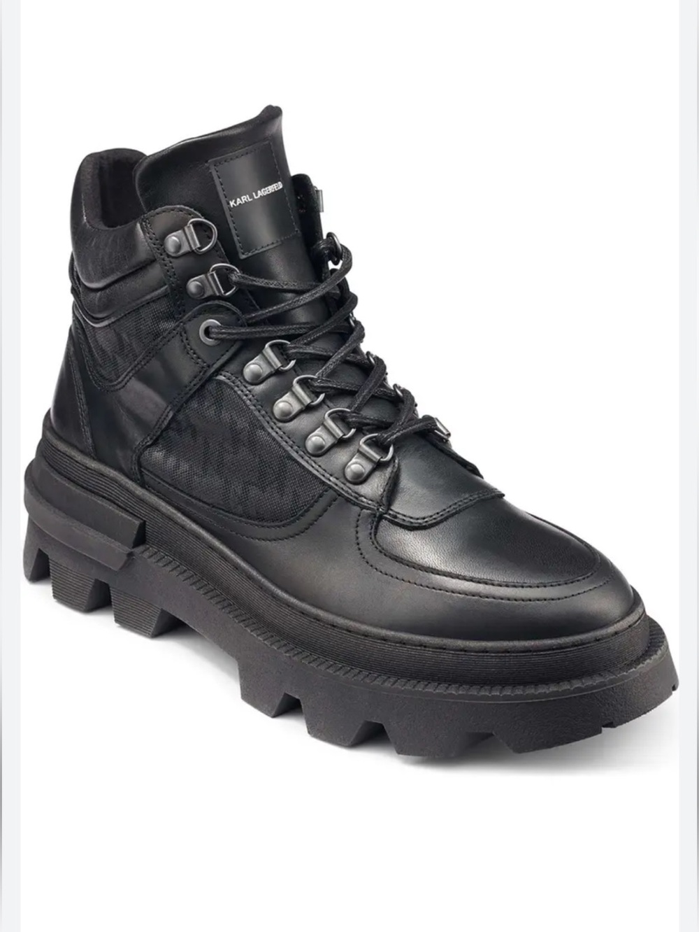 Karl Lagerfeld Black Alpine Leather Lug Sole Combat Boot high top lace up work